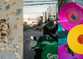 A three panel collage a stressed man in a light blue shirt covered in yellow sticky notes with handwritten tasks, a food delivery rider wearing a black helmet on a motorcycle viewed