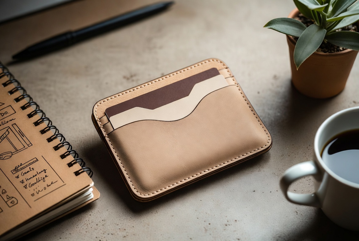 Aesthetic minimalist purse and wallet flat lay on cozy desk with planner and plant, blush pink beige tones, organized creative workspace vibe