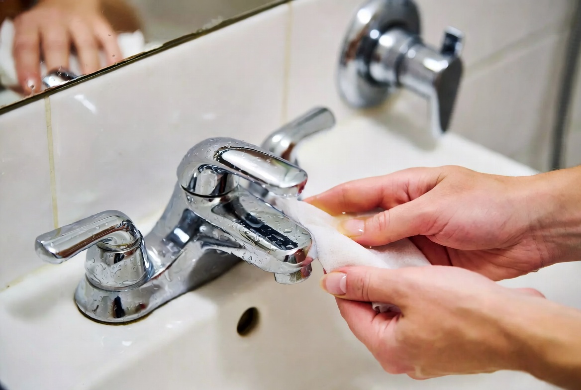 Baby oil on chrome fixtures to prevent water spots and streaks for weeks bathroom maintenance tip