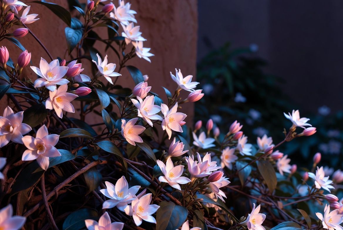 Blooming star jasmine (Trachelospermum jasminoides) with delicate white and pink flowers – fragrant indoor vine