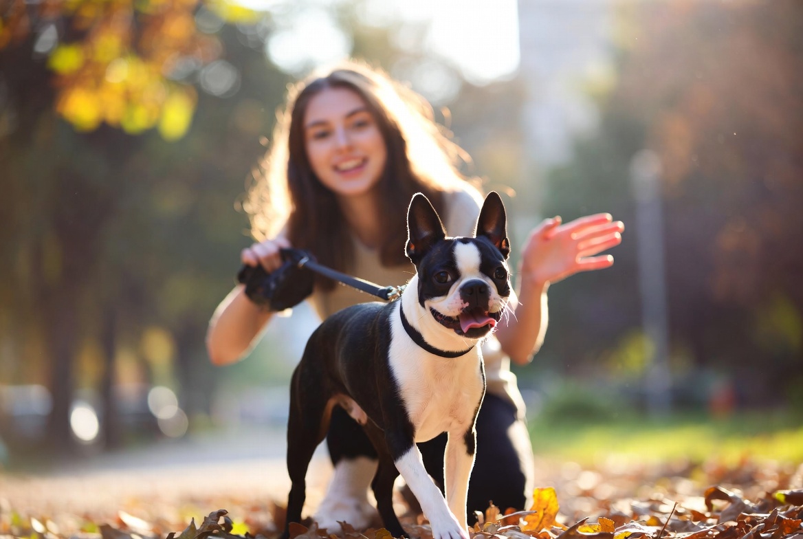 Boston Terrier walking happily on a leash with owner in autumn park, energetic yet low maintenance dog breed
