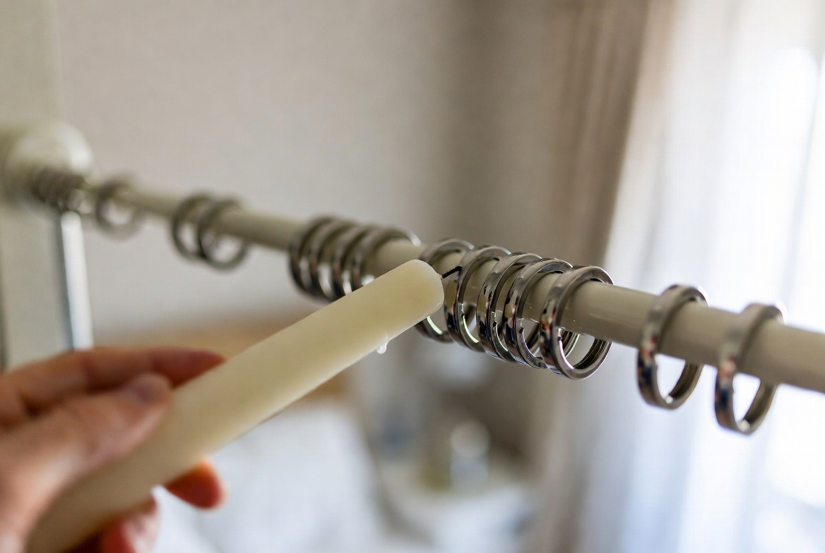 Candle wax on curtain rod for smooth gliding rings without sticking easy home maintenance