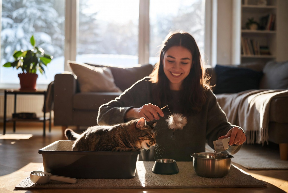 Smiling woman gently washing her tabby cat in a bathroom sink using a soft towel gentle cat bathing routine