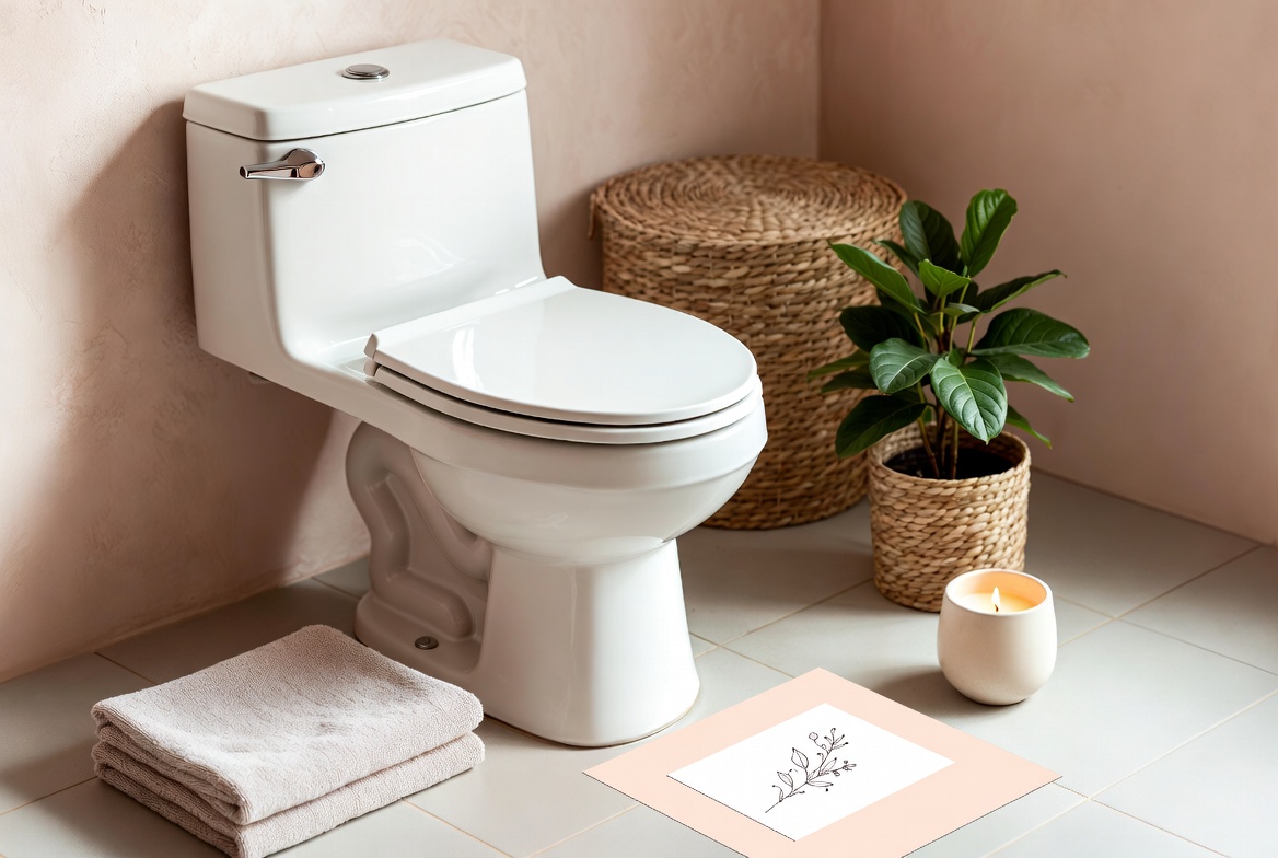 Clean cozy bathroom aesthetic flat lay featuring modern toilet with towels, plant and soft neutral decor