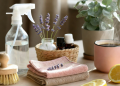 Cleaning essentials with spray bottle, microfiber cloths, natural brush, lavender, lemon and coffee on wooden desk, soft pastel Pinterest home cleaning routine scene 750x400