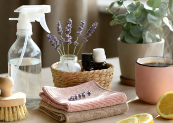 Cleaning essentials with spray bottle, microfiber cloths, natural brush, lavender, lemon and coffee on wooden desk, soft pastel Pinterest home cleaning routine scene 750x400