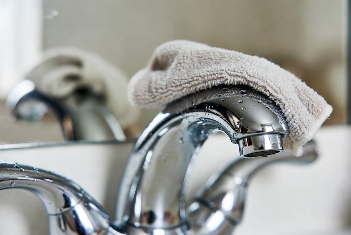 Close up of a chrome bathroom faucet being cleaned with a microfiber cloth, featuring water droplets and a blurred sink background