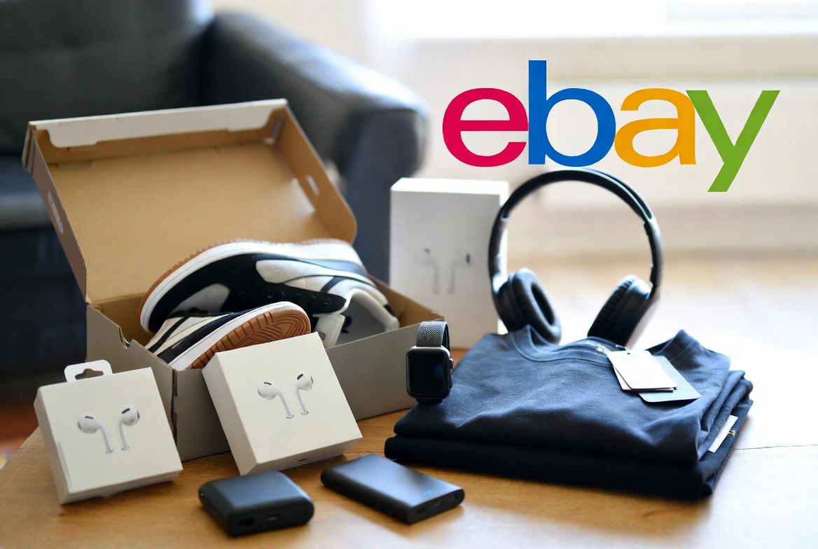 Collection of brand new unused items for sale on eBay including sneakers in box, wireless headphones, smartwatch, AirPods, and folded clothing on wooden table