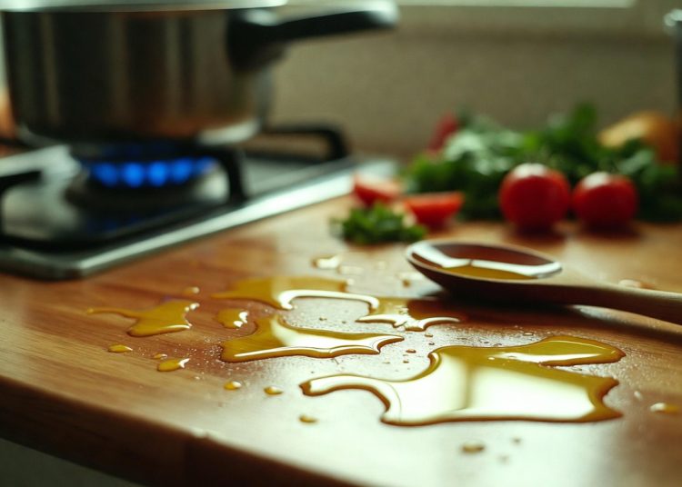 Cooking oil spill on wooden kitchen counter with wooden spoon and gas stove, quick cleaning tip using corn starch or baking soda to absorb oily messes