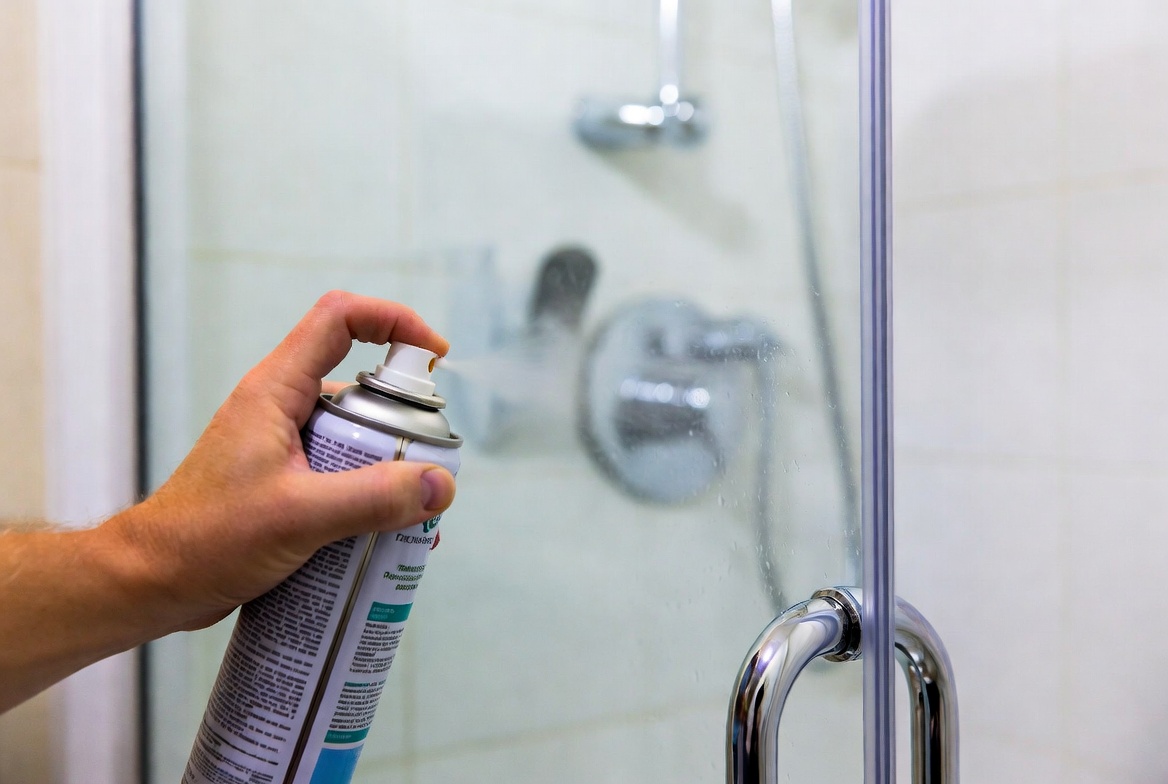 Cooking spray on glass shower door to prevent soap scum and water spots future protection