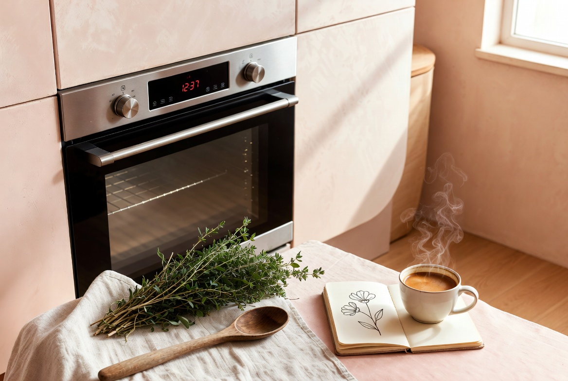 Cozy aesthetic flat lay of modern kitchen oven with fresh herbs, linen towel and coffee cup in soft pastel tones