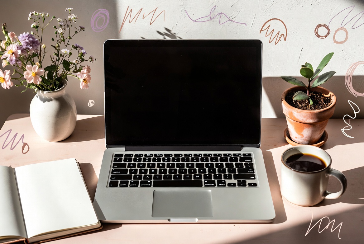 Cozy aesthetic laptop workspace flat lay with notebook, coffee and plants in soft pastel tones for productive home office