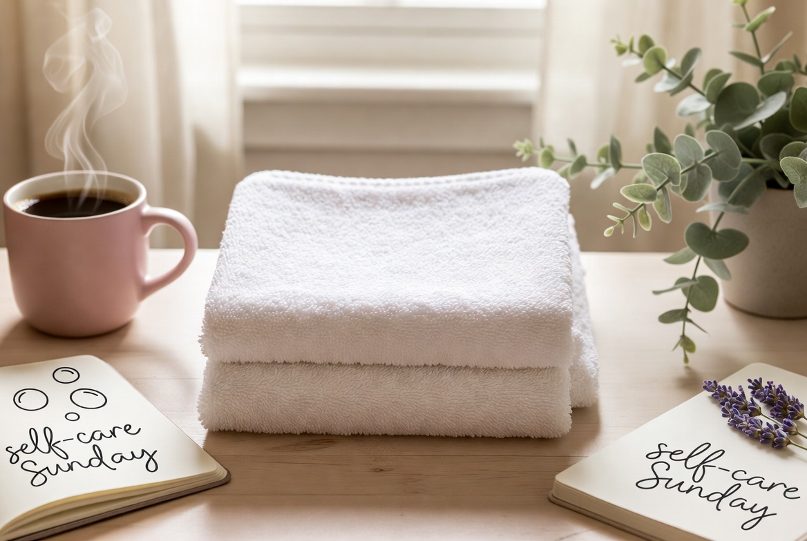 Cozy flat lay of soft plush bath towel with aesthetic self-care items like coffee mug and journal on wooden desk, soft pastel tones, Pinterest lifestyle scene