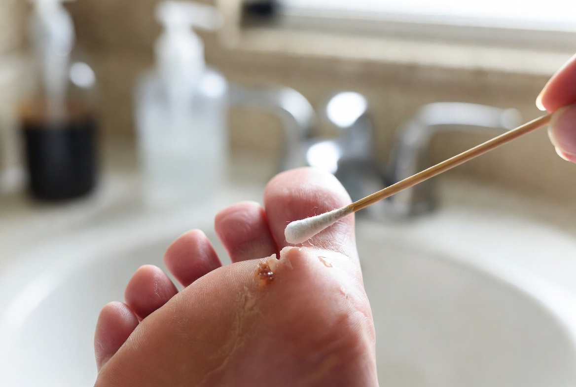 Disinfecting broken blister with antiseptic mouthwash for fast healing and infection prevention, natural wound care