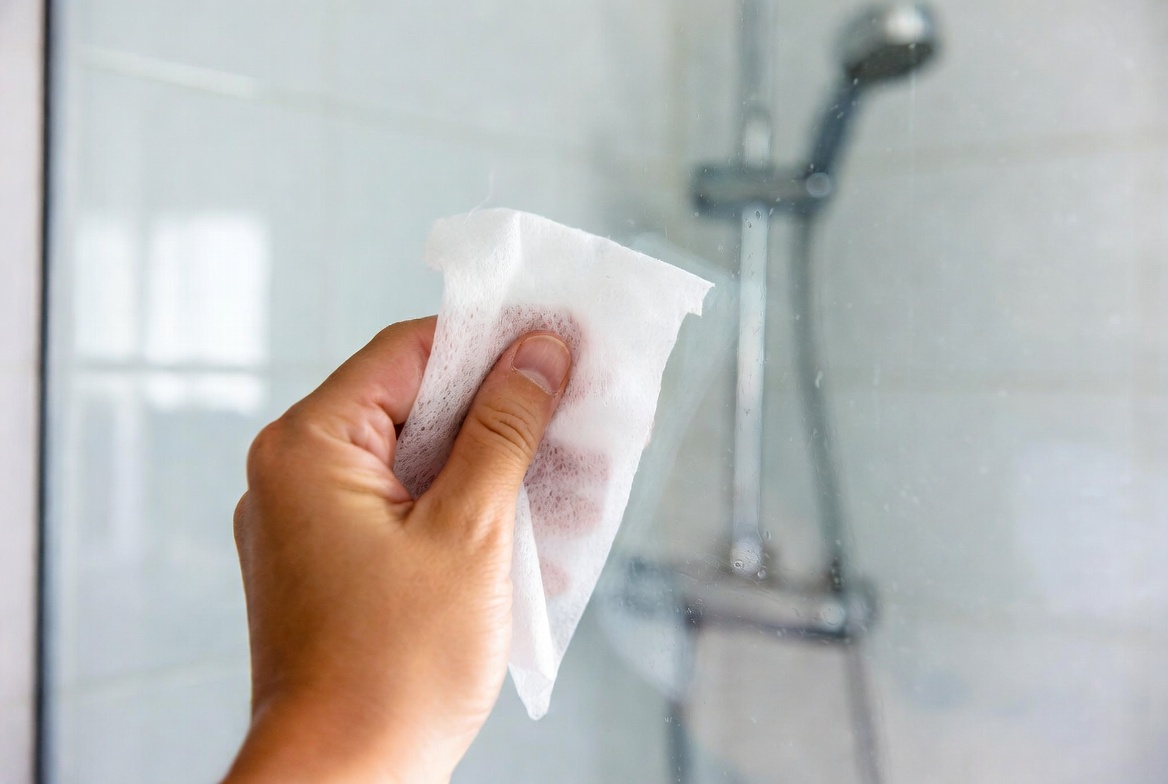 Dryer sheet on shower glass removing soap scum effortlessly in easy bathroom cleaning hack