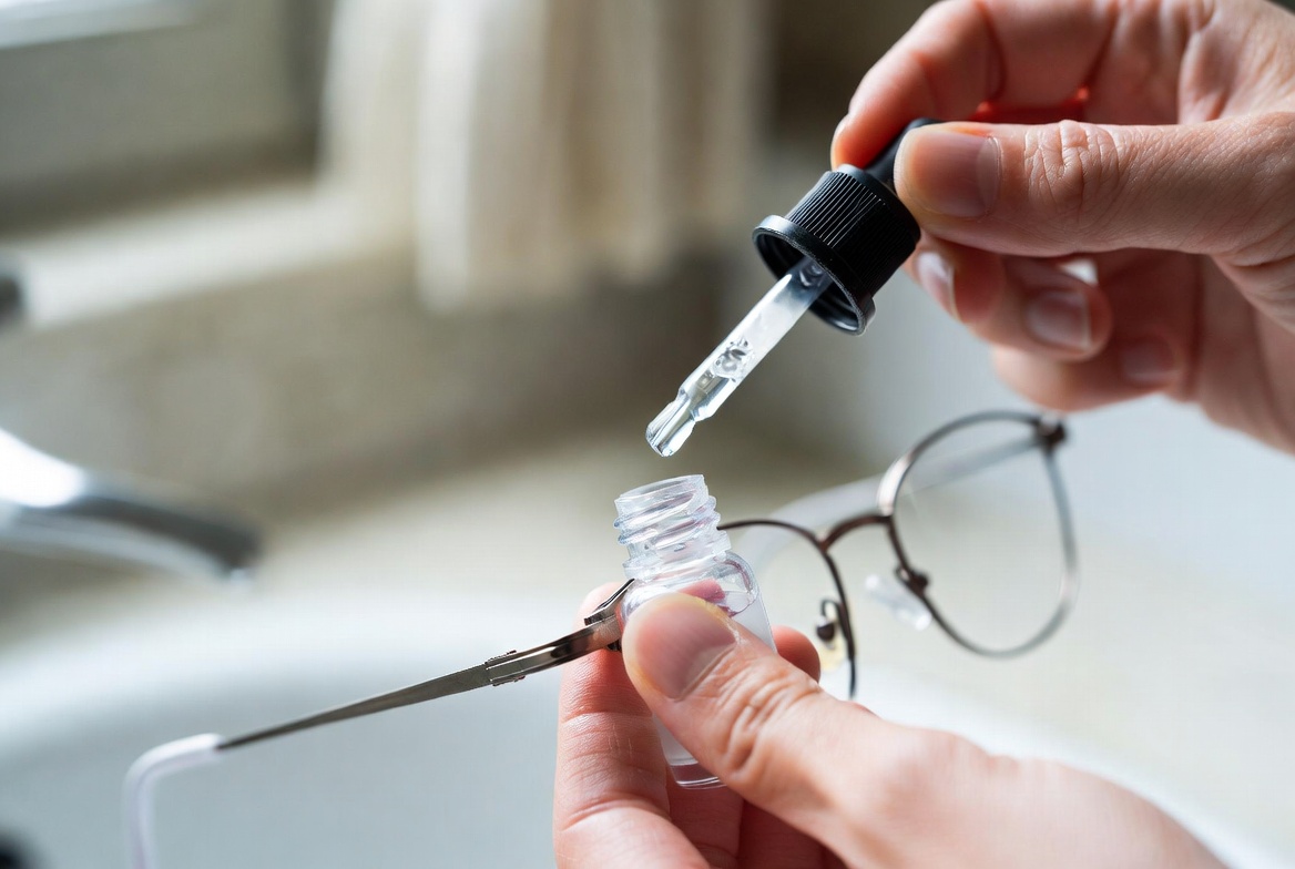 Easy eyeglass maintenance hack applying clear nail polish to prevent loose screws, practical home repair tip