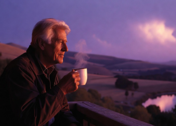Elderly white-haired grandpa sitting on a porch at twilight, peacefully drinking coffee while looking out at a beautiful purplish sunset over scenic hills and lake, calm and nostalgic evening scene