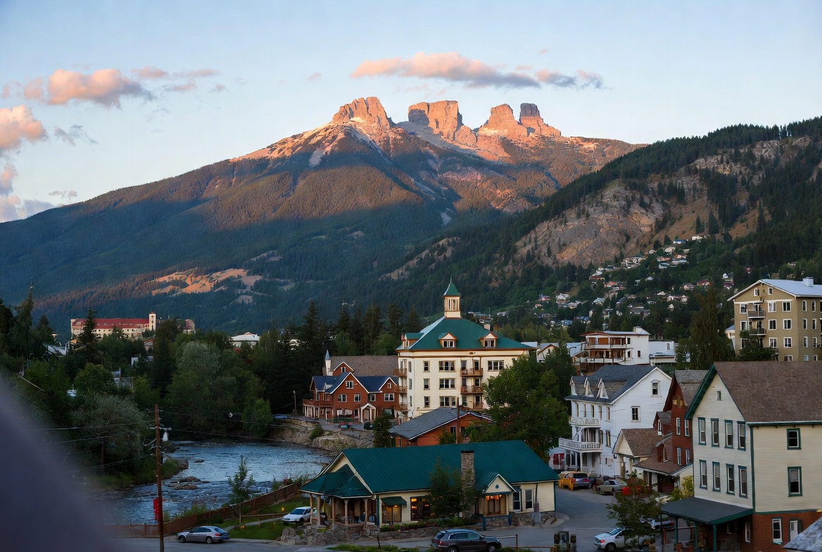 Fernie BC mountain town with historic buildings and dramatic Rocky Mountains backdrop at sunset