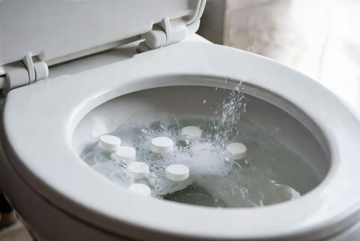 Fizzing denture cleaning tablets in toilet bowl for hands-free stain and limescale removal - effective natural bathroom cleaning hack