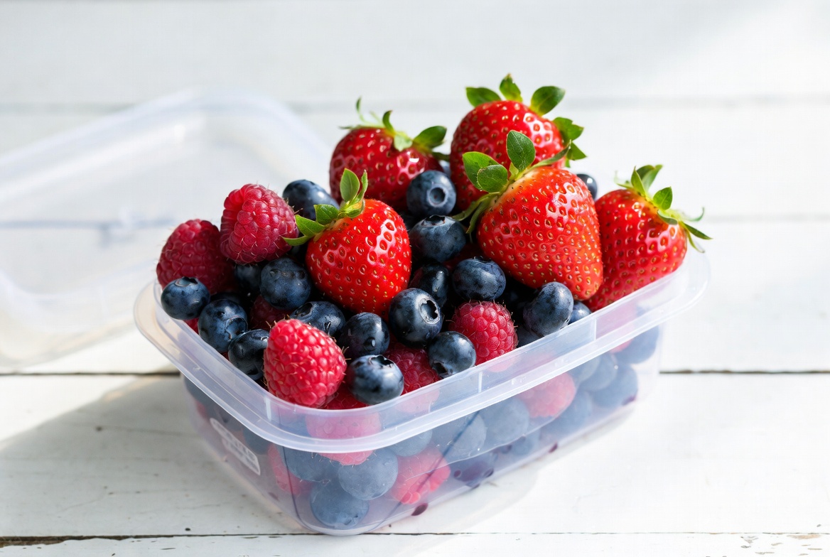 Fresh strawberries, blueberries, and raspberries in clear Tupperware container on white wooden table