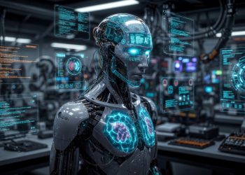 Futuristic AI robot with glowing blue neural chest and holographic interfaces in a high-tech lab, representing AI technology in 2026