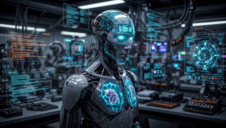 Futuristic AI robot with glowing blue neural chest and holographic interfaces in a high-tech lab, representing AI technology in 2026