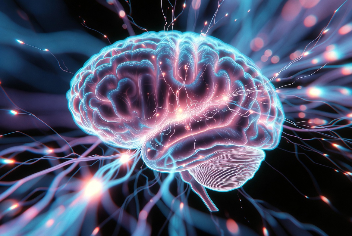 Futuristic glowing human brain illustration with neurons and synapses firing in electric blue and pink light