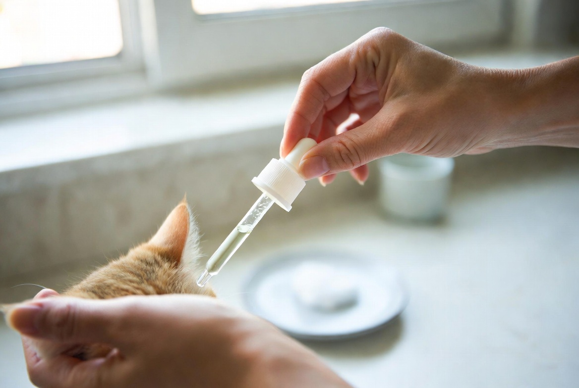 Gentle home remedy for cat ear mites using corn oil drops massaged into the ear followed by cotton ball cleaning, natural pet care in a kitchen setting