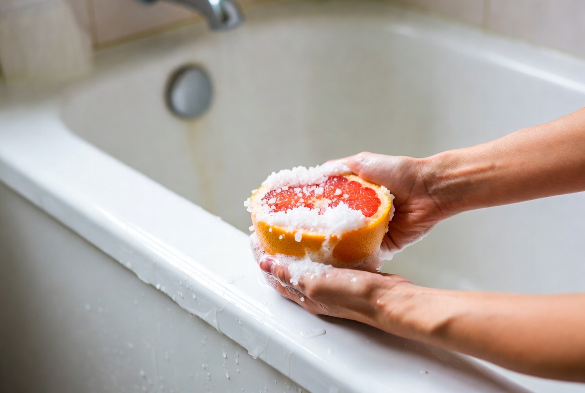 Grapefruit and salt scrubbing away bathtub ring naturally in eco-friendly cleaning remedy