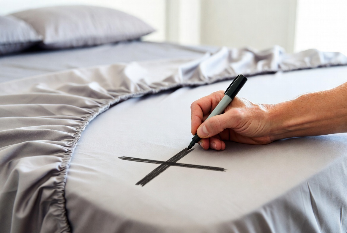 Hand drawing large black X with permanent marker on corner of fitted bed sheet for easy organization and identification