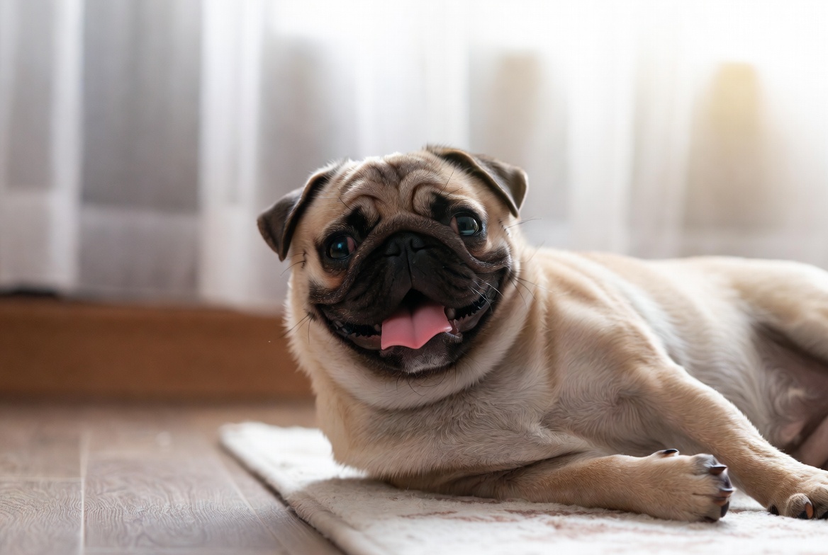 Happy Pug dog lying on a rug with a big smile, one of the best low maintenance dog breeds for apartments and small budgets