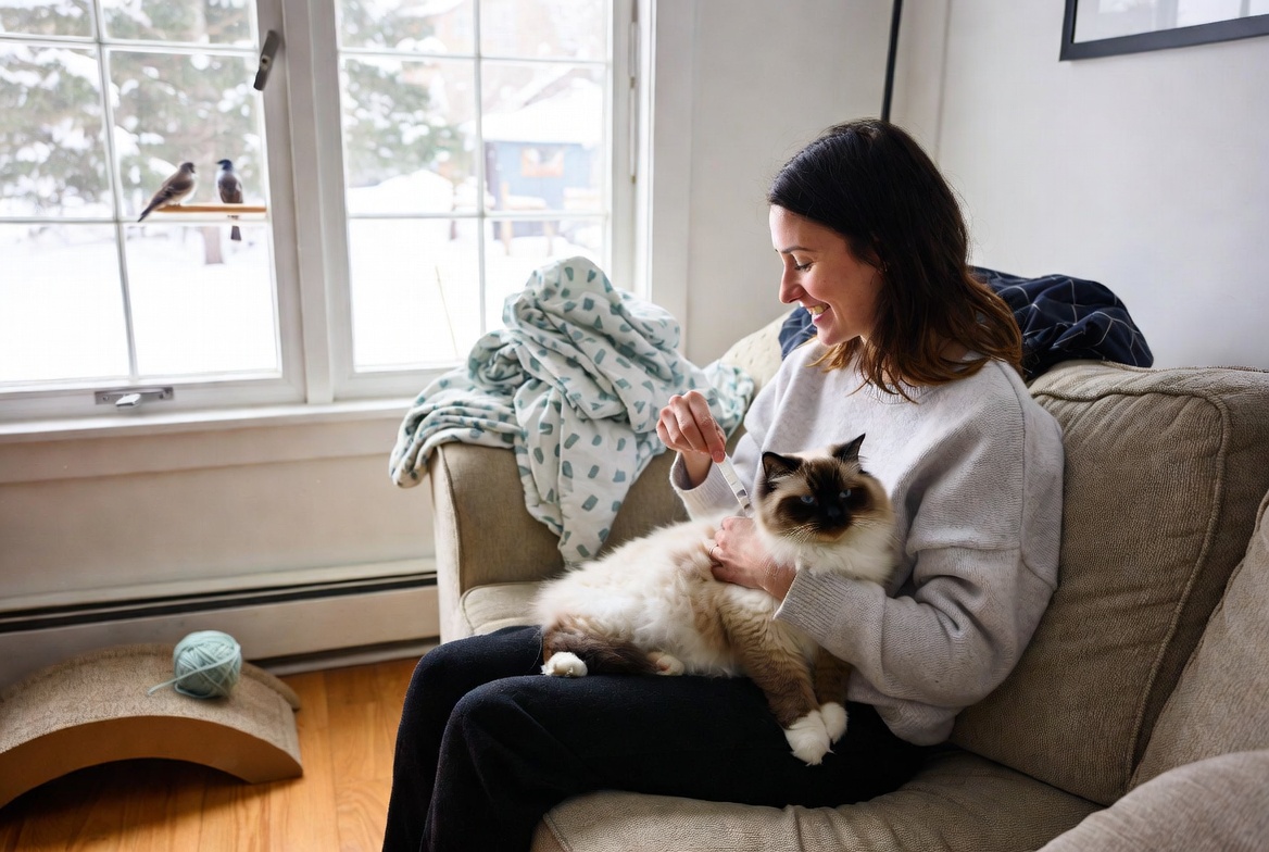 Happy woman applying monthly flea prevention treatment to a relaxed Ragdoll cat on her lap by a snowy window in Canada