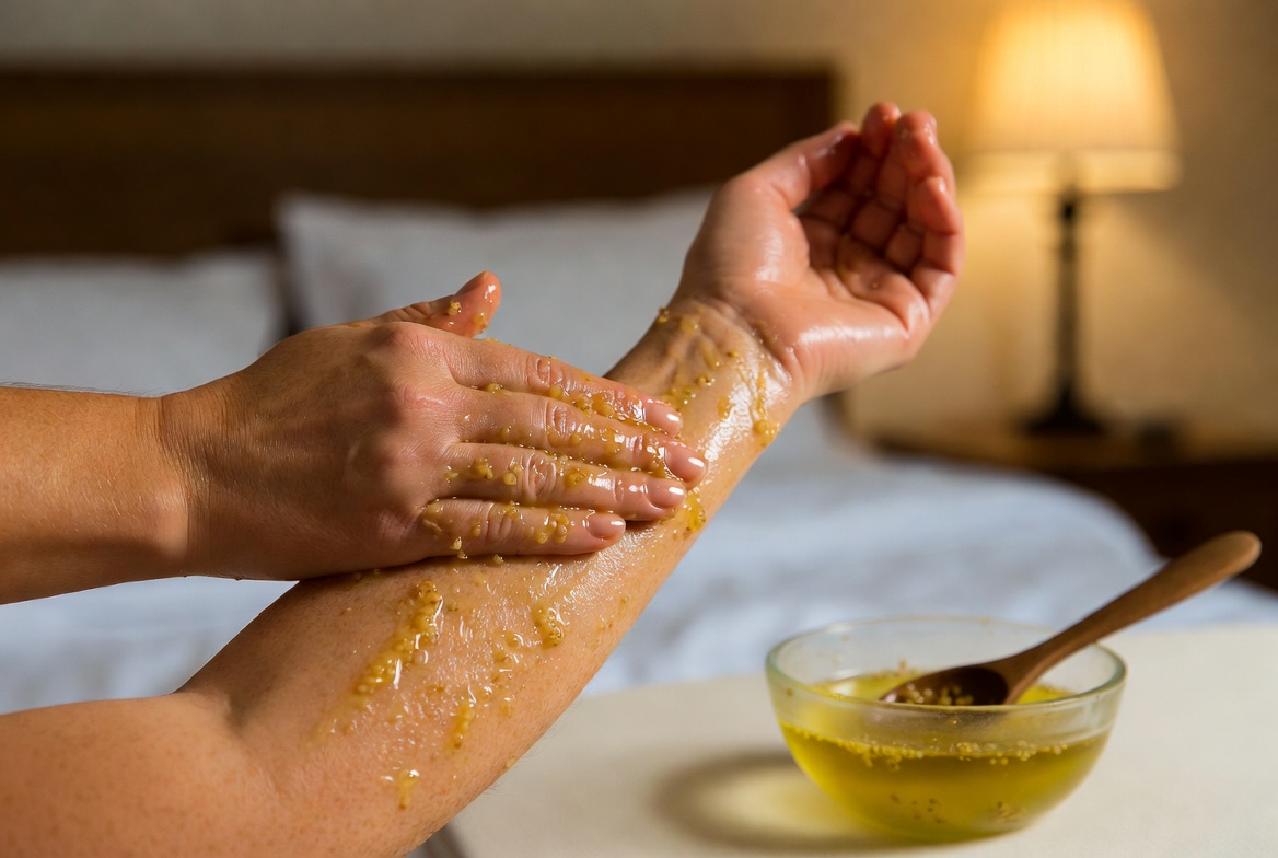 Homemade muscle rub with olive oil and horseradish for flu-related aches, natural pain relief massage oil