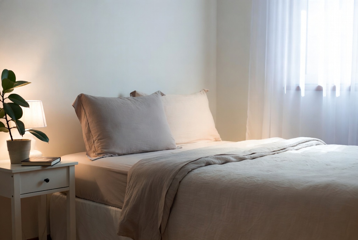 Inviting made bed with comfortable mattress, soft sheets and pillows in serene cozy bedroom, relaxing self-care home aesthetic