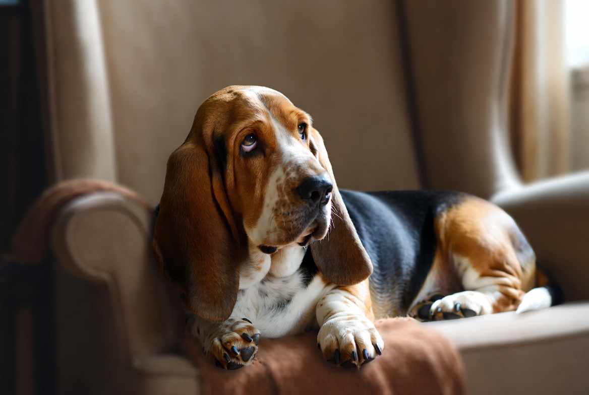 Lazy Basset Hound lounging comfortably on an armchair, ultimate low energy low maintenance dog breed