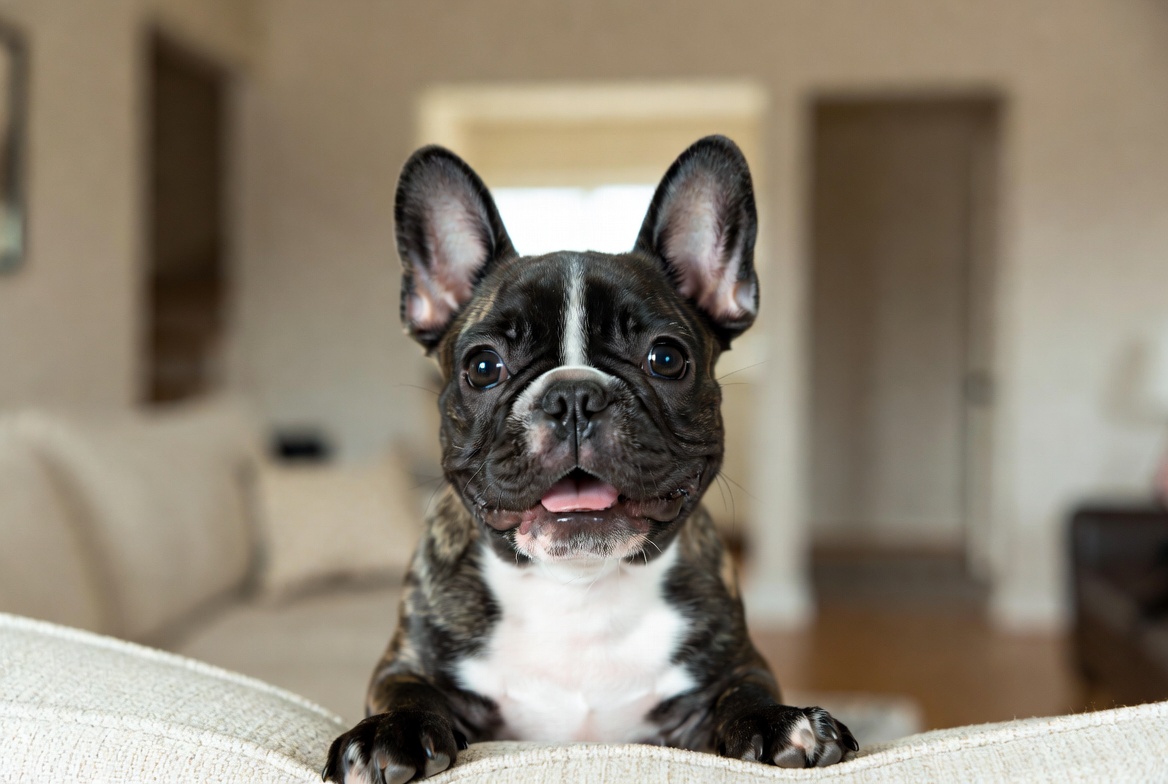 Low maintenance French Bulldog relaxing on a cozy couch, ideal family companion dog breed for busy owners
