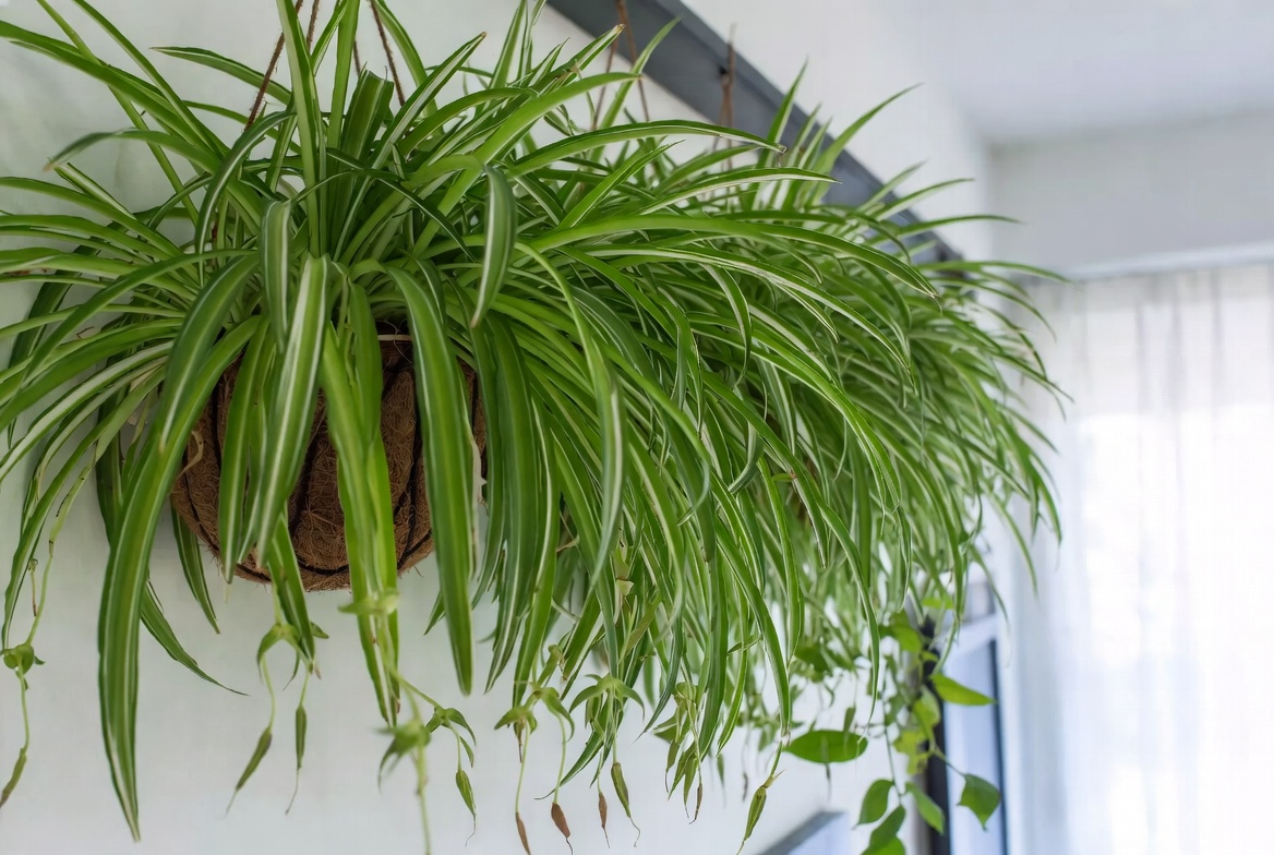 Lush hanging spider plant with variegated green and white leaves – easy care trailing houseplant