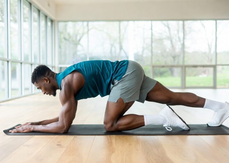 Man performing hip flexor and chest stretch on yoga mat in bright studio, daily stretching routine for people who sit at a desk to prevent lower back pain and poor posture