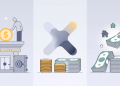Minimalist three-panel illustration explaining how banks make money. Left panel Two people depositing a large dollar coin into a classical bank building