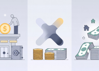 Minimalist three-panel illustration explaining how banks make money. Left panel Two people depositing a large dollar coin into a classical bank building