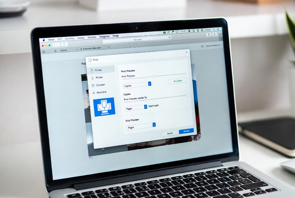 Modern laptop on desk displaying web browser print dialog window with settings and preview open