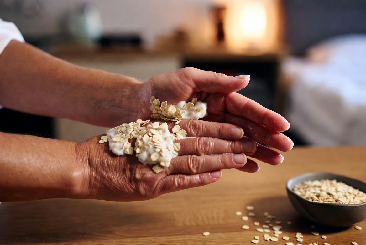 Natural arthritis pain relief with warm oatmeal hand compress, soothing Quaker oats home remedy