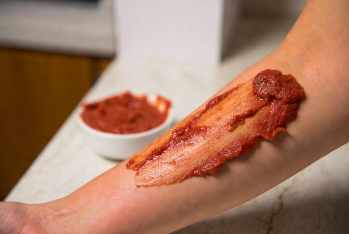 Natural boil treatment with tomato paste compress to draw out infection and soothe pain, home skin remedy
