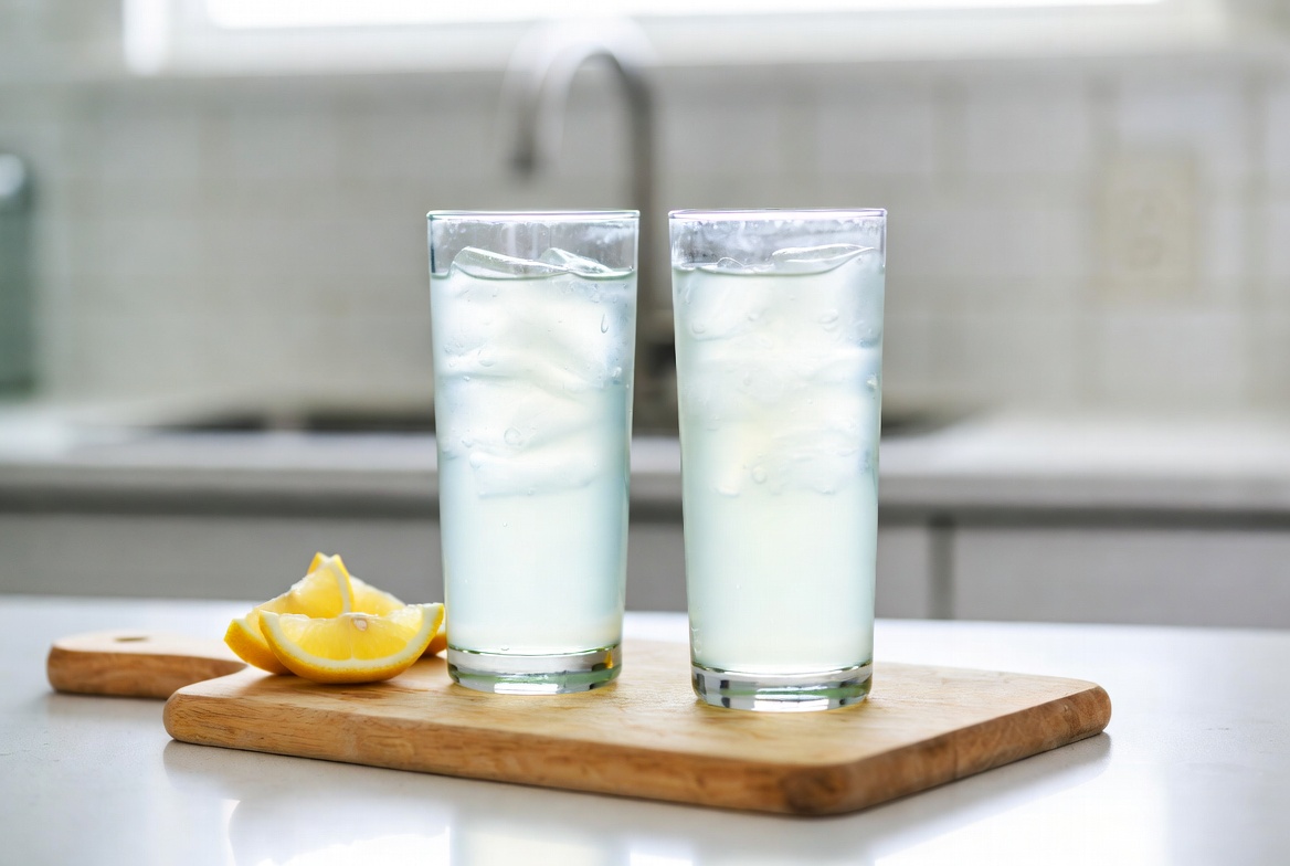 Natural headache relief with two glasses of electrolyte sports drink, fast home remedy without medication side effects