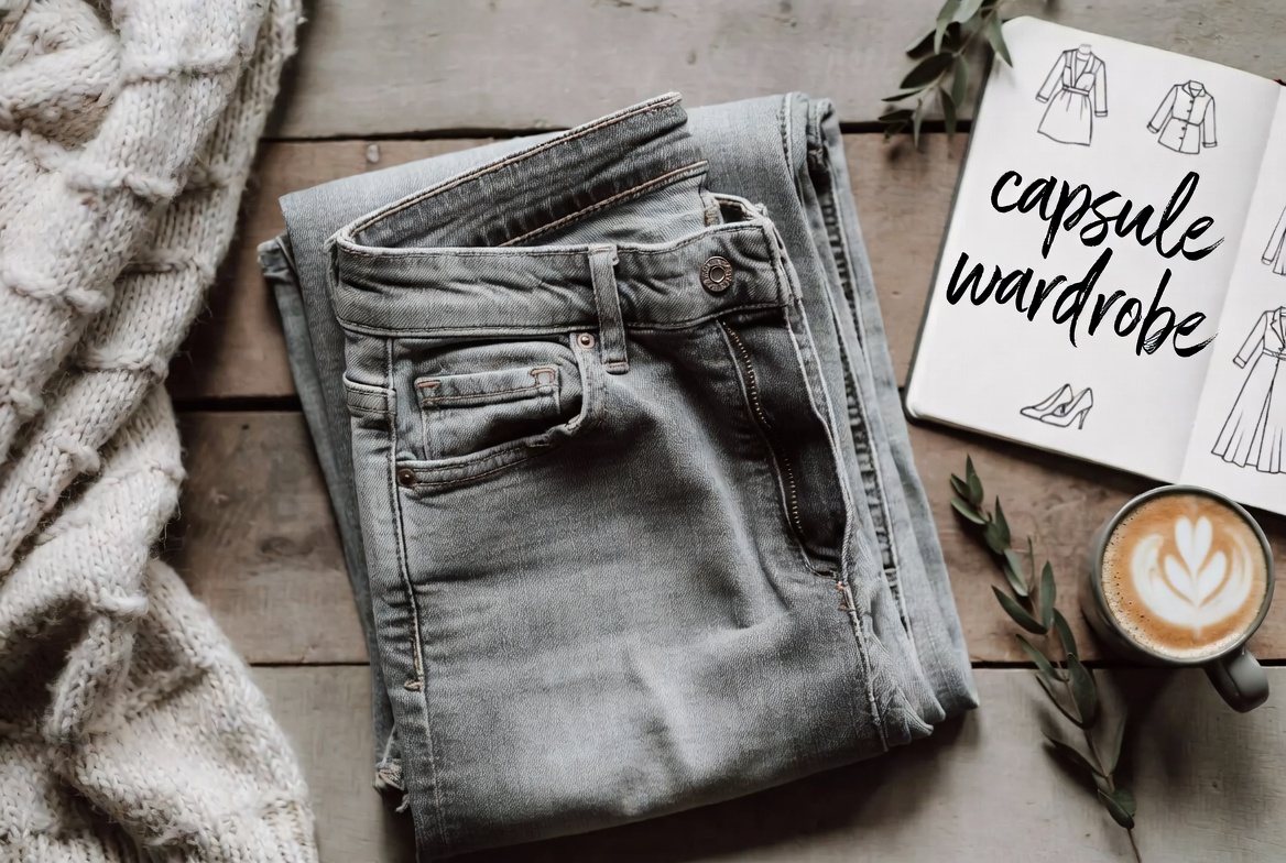 Neatly folded denim jeans styled in cozy creative corner with notebook and coffee, casual lifestyle flat lay in soft warm tones