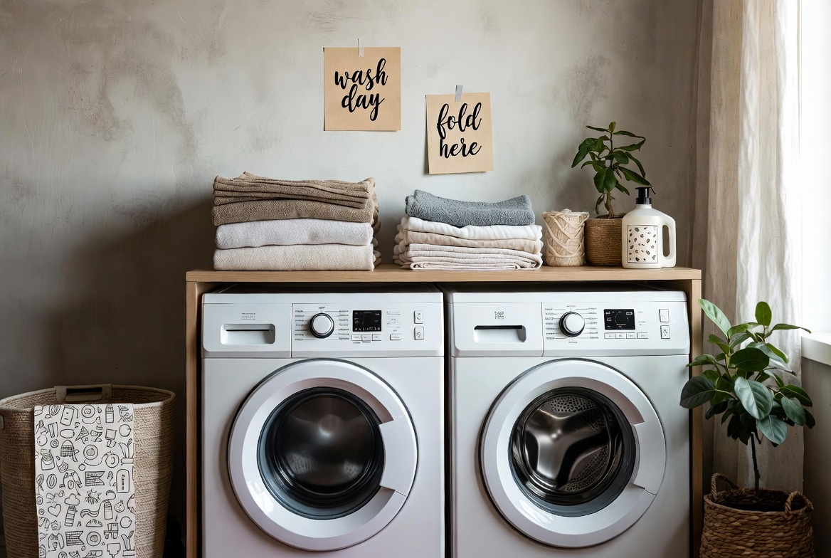 Organized cozy laundry area with washer dryer, fresh folded linens and plants, productive home lifestyle flatlay in soft colors