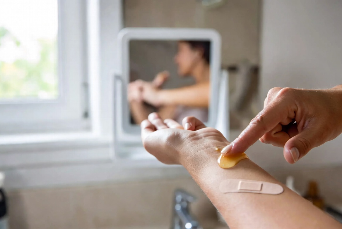 Overnight honey remedy for skin blemishes with antibacterial dab and bandage, natural acne healing treatment