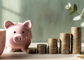 Pink piggy bank with four ascending stacks of gold coins on wooden desk against soft sage green wall, cozy aesthetic savings and financial growth flat lay with coffee mug