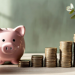 Pink piggy bank with four ascending stacks of gold coins on wooden desk against soft sage green wall, cozy aesthetic savings and financial growth flat lay with coffee mug