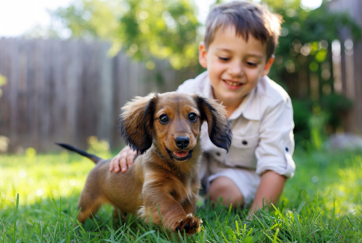 Playful Dachshund puppy enjoying grass time with a child, adorable low maintenance dog breed for families 